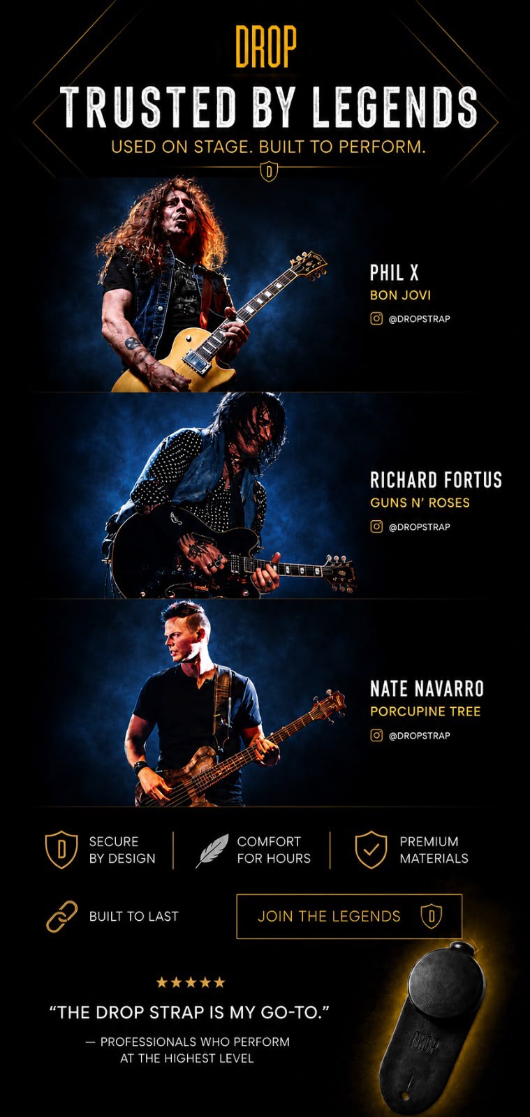 Artists performing with DROP guitar strap adjusters